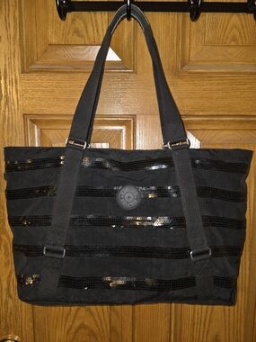 Kipling Black Sequin Stripe Large Tote Bag
